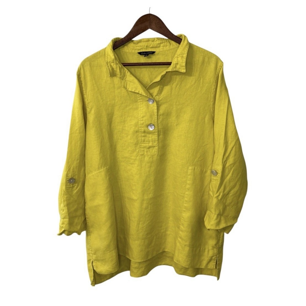 John Mark linen blouse women's XL yellow roll tab coastal boho beach lagenlook